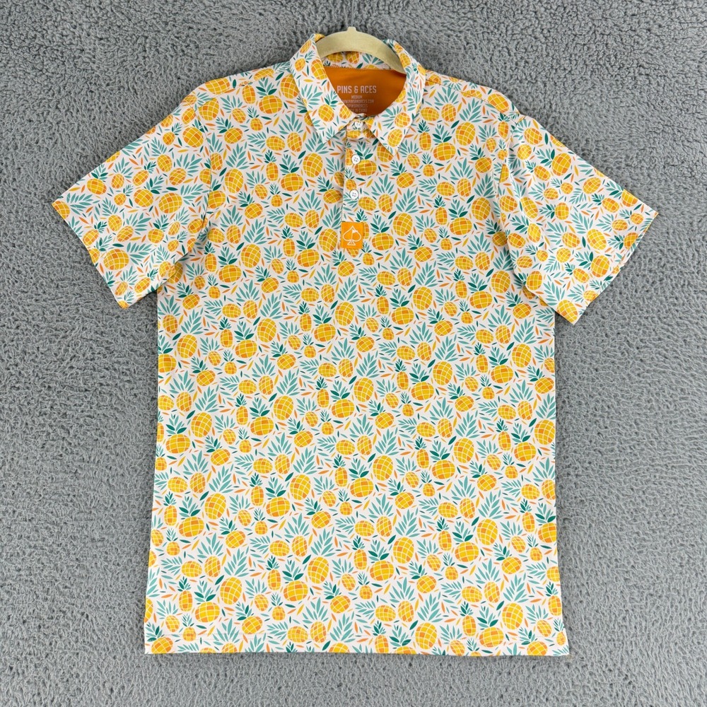 Pins & Aces Golf Polo Mens M White Pineapple Print Performance Stretch Tropical